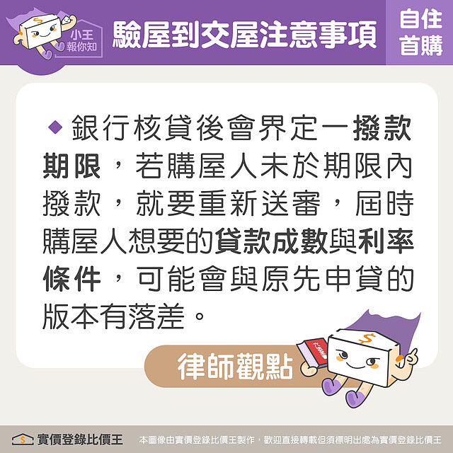 銀行核貸後訂定撥款期限,若未在期限內繳款重新申請者,條件可能不如預期。圖/實價登錄比價王 製作